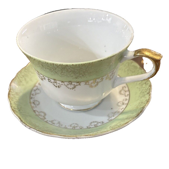 E-4555 Other - Inarco Japan‎ E-4555 Lime Band Gold Accents Tea Cup & Saucer Set, Vintage